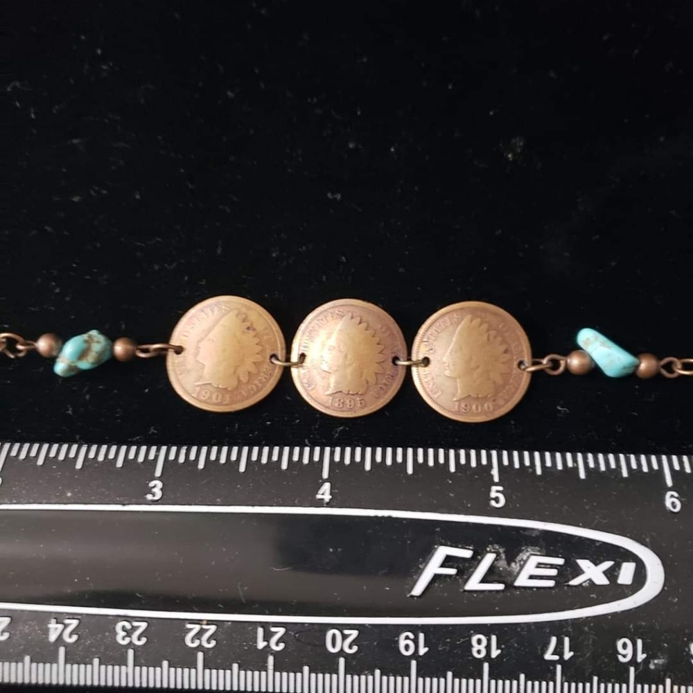 Women's Handmade Turquoise Antique 3 Curved Indian Head Penny Tennis Bracelet
